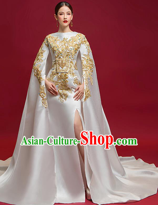 Chinese National Catwalks Embroidered Full Dress Traditional Compere Cheongsam for Women