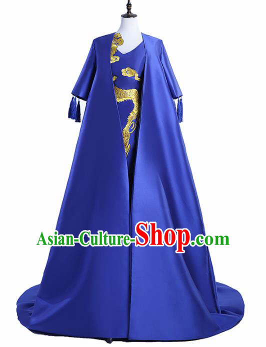 Chinese National Catwalks Costume Royalblue Trailing Cheongsam Traditional Tang Suit Qipao Dress for Women