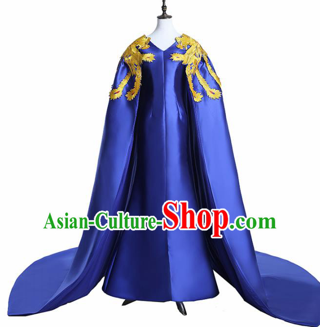 Chinese National Catwalks Costume Embroidered Phoenix Royalblue Trailing Cheongsam Traditional Tang Suit Qipao Dress for Women