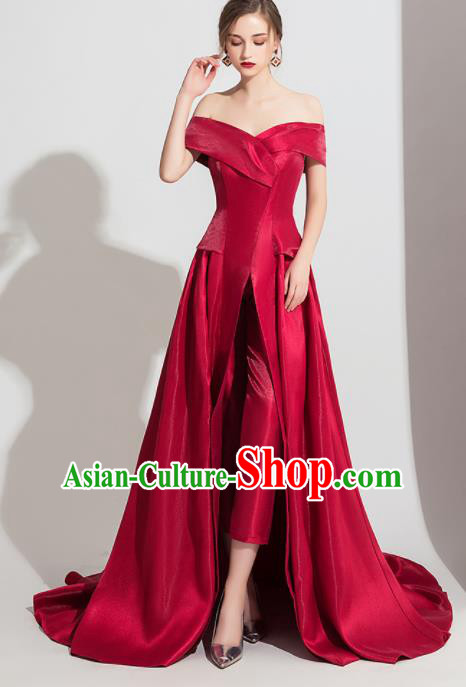 Top Grade Catwalks Wine Red Trailing Full Dress Modern Dance Party Compere Costume for Women