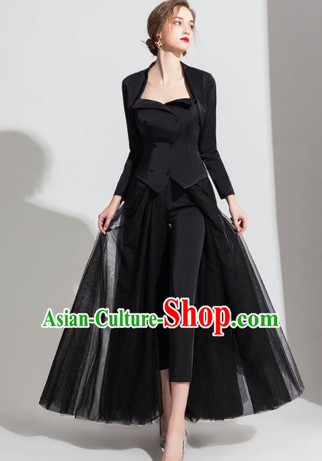 Top Grade Catwalks Black Veil Full Dress Modern Dance Party Compere Costume for Women