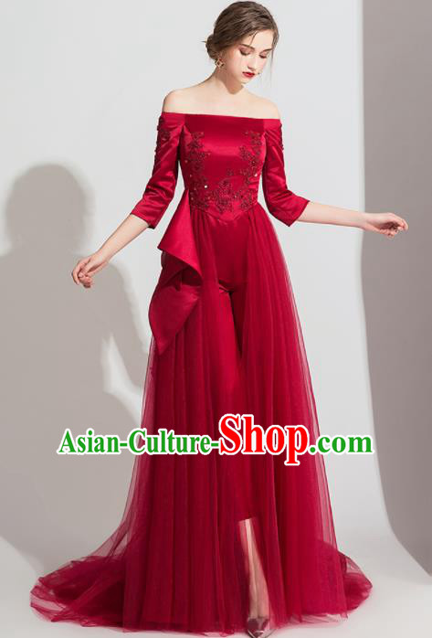 Top Grade Catwalks Wine Red Veil Full Dress Modern Dance Party Compere Costume for Women