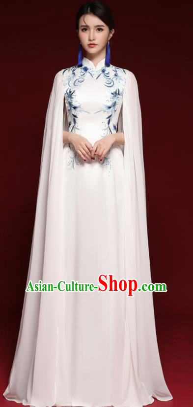 Chinese National Catwalks Embroidered White Cheongsam Traditional Costume Tang Suit Qipao Dress for Women