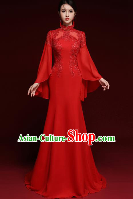 Chinese National Catwalks Embroidered Red Lace Cheongsam Traditional Costume Tang Suit Qipao Dress for Women