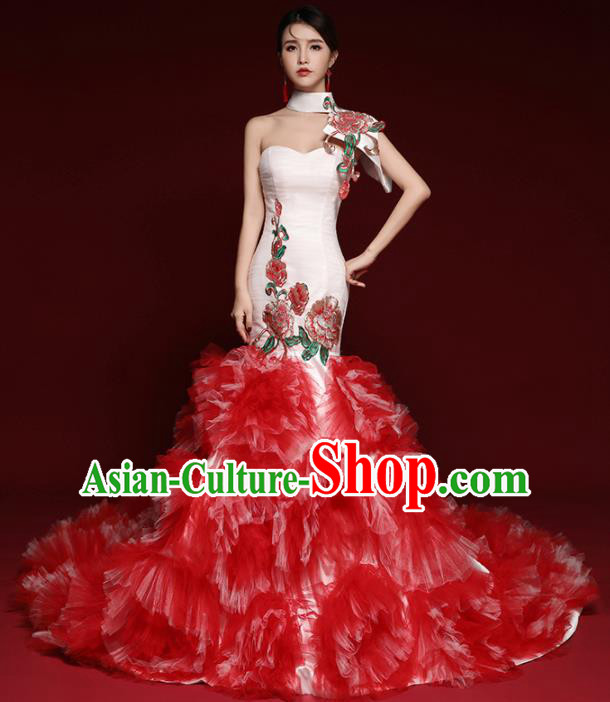 Chinese National Catwalks Red Veil Peony Trailing Cheongsam Traditional Costume Tang Suit Qipao Dress for Women