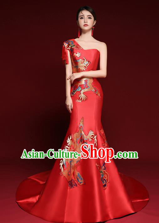 Chinese National Catwalks Printing Dragons Red Trailing Cheongsam Traditional Costume Tang Suit Qipao Dress for Women