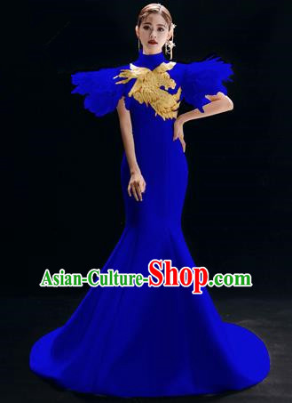 Chinese National Catwalks Embroidered Royalblue Cheongsam Traditional Costume Tang Suit Qipao Dress for Women
