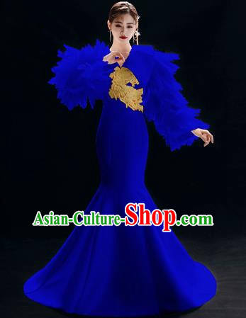 Top Grade Catwalks Embroidered Royalblue Trailing Full Dress Modern Dance Party Compere Costume for Women