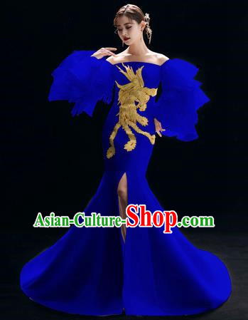 Top Grade Catwalks Embroidered Royalblue Full Dress Modern Dance Party Compere Costume for Women