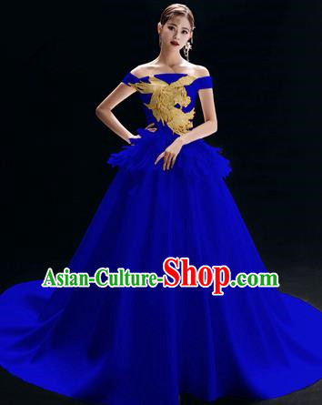 Top Grade Catwalks Royalblue Trailing Full Dress Modern Dance Party Compere Embroidered Costume for Women