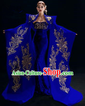 Chinese National Catwalks Embroidered Cheongsam Traditional Costume Tang Suit Royalblue Qipao Dress for Women