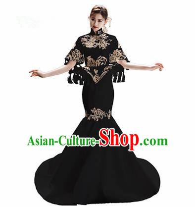 Chinese National Catwalks Embroidered Black Trailing Cheongsam Traditional Costume Tang Suit Qipao Dress for Women