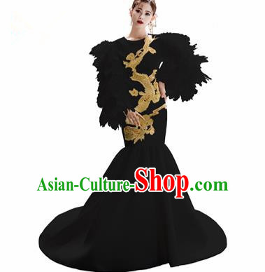 Chinese National Catwalks Embroidered Dragon Black Trailing Cheongsam Traditional Costume Tang Suit Qipao Dress for Women