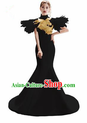 Chinese National Catwalks Embroidered Phoenix Black Trailing Cheongsam Traditional Costume Tang Suit Qipao Dress for Women