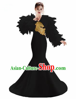 Top Grade Catwalks Black Feather Trailing Full Dress Modern Dance Party Compere Embroidered Costume for Women