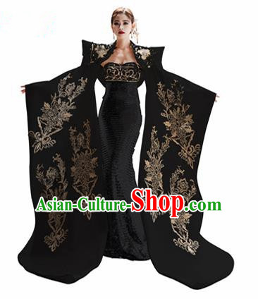 Chinese National Catwalks Embroidered Black Cheongsam Traditional Costume Tang Suit Trailing Qipao Dress for Women