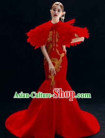 Chinese National Catwalks Embroidered Red Cheongsam Traditional Costume Tang Suit Trailing Qipao Dress for Women