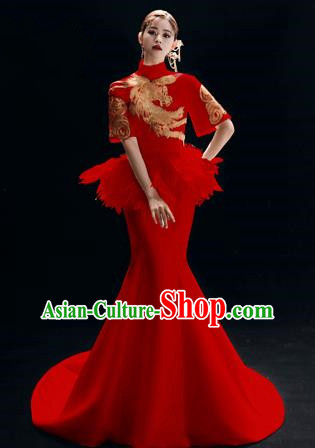 Chinese National Catwalks Embroidered Red Mermaid Cheongsam Traditional Costume Tang Suit Trailing Qipao Dress for Women
