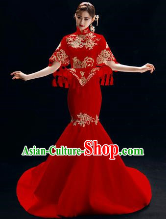 Chinese National Catwalks Embroidered Peony Red Cheongsam Traditional Costume Tang Suit Trailing Qipao Dress for Women