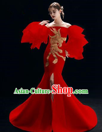 Top Grade Catwalks Red Trailing Full Dress Modern Dance Party Compere Embroidered Phoenix Costume for Women