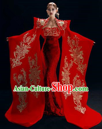 Chinese National Catwalks Red Trailing Cheongsam Traditional Costume Tang Suit Embroidered Qipao Dress for Women