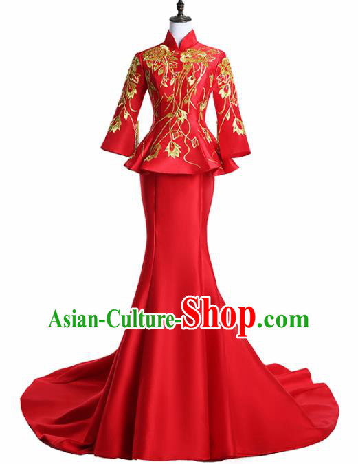 Chinese National Catwalks Costume Embroidered Red Trailing Cheongsam Traditional Tang Suit Qipao Dress for Women