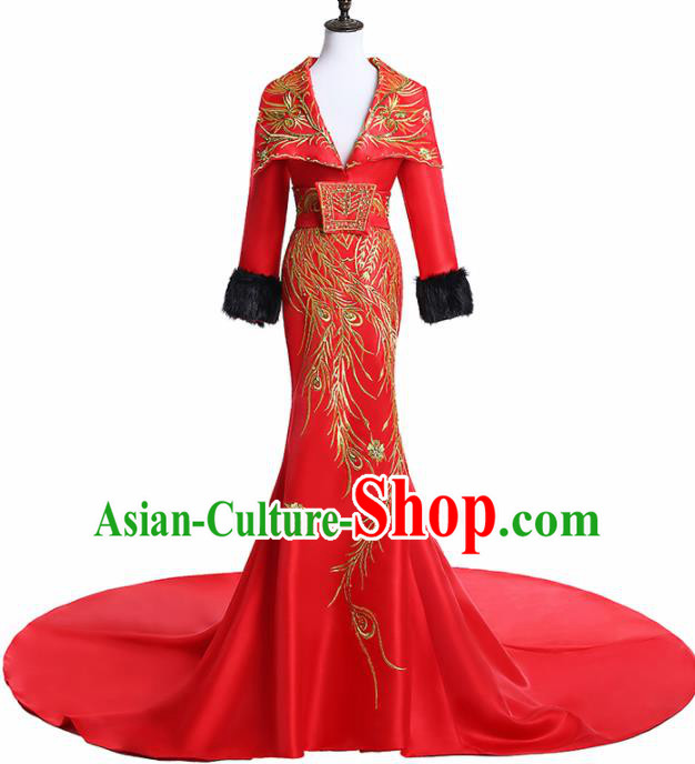 Chinese National Catwalks Costume Embroidered Phoenix Red Trailing Cheongsam Traditional Tang Suit Qipao Dress for Women