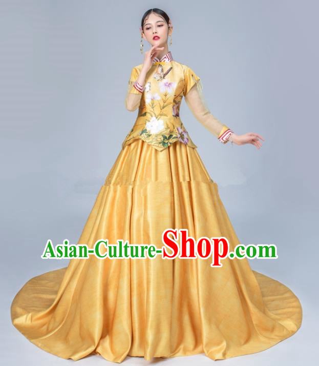 Chinese National Catwalks Printing Golden Trailing Cheongsam Traditional Costume Tang Suit Qipao Dress for Women