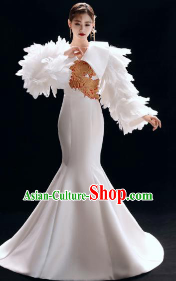 Top Grade Catwalks Embroidered White Feather Trailing Full Dress Modern Dance Party Compere Costume for Women