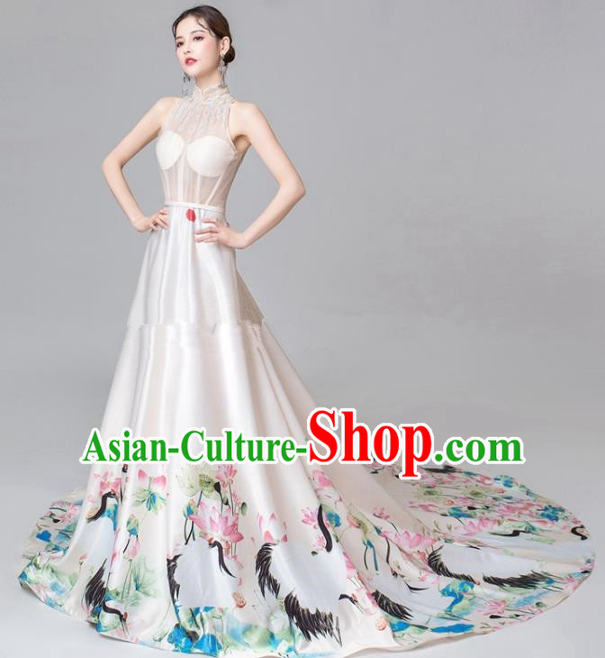 Chinese National Catwalks Printing Lotus White Trailing Cheongsam Traditional Costume Tang Suit Qipao Dress for Women