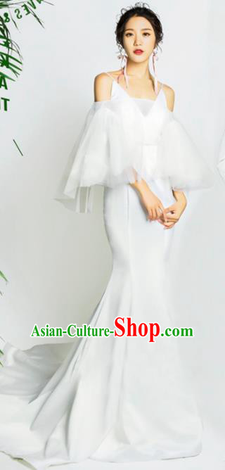 Top Grade Catwalks Compere White Trailing Full Dress Modern Dance Party Costume for Women