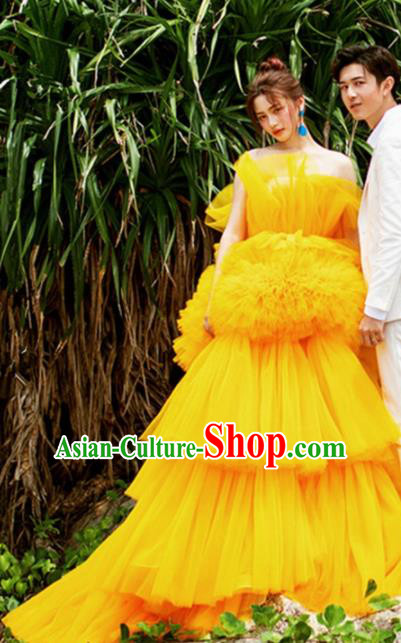 Top Grade Catwalks Compere Yellow Veil Trailing Full Dress Modern Dance Party Costume for Women