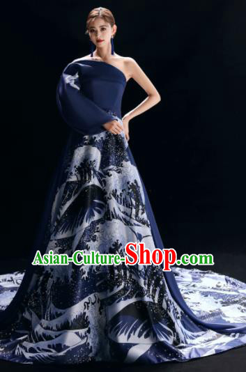 Top Grade Catwalks Compere Printing Navy Trailing Full Dress Modern Dance Party Costume for Women