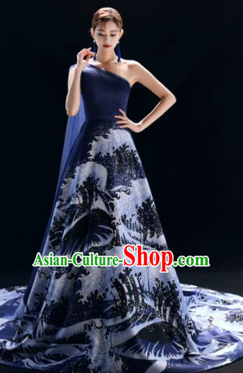 Top Grade Catwalks Compere Printing Trailing Navy Single Shoulder Full Dress Modern Dance Party Costume for Women