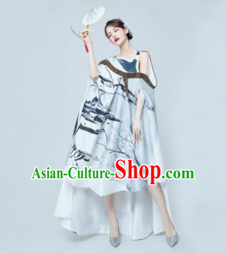 Top Grade Catwalks Compere Ink Painting Short Full Dress Modern Dance Party Costume for Women