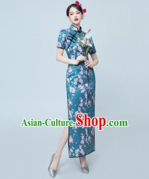 Chinese National Catwalks Blue Silk Cheongsam Traditional Costume Tang Suit Qipao Dress for Women