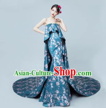 Top Grade Catwalks Compere Blue Trailing Full Dress Modern Dance Party Costume for Women