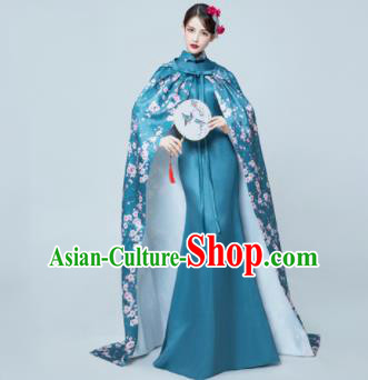 Chinese National Catwalks Blue Cheongsam Traditional Costume Tang Suit Silk Qipao Dress for Women