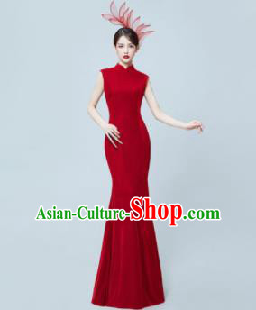 Chinese National Catwalks Wine Red Cheongsam Traditional Costume Tang Suit Silk Qipao Dress for Women