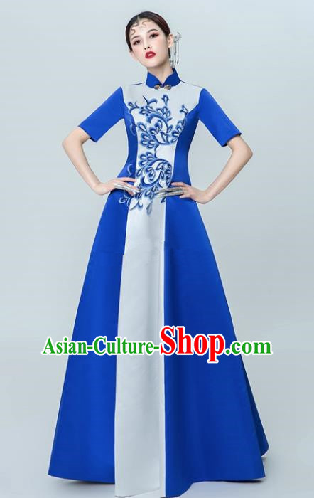 Chinese National Catwalks Blue Cheongsam Traditional Costume Tang Suit Silk Qipao Dress for Women