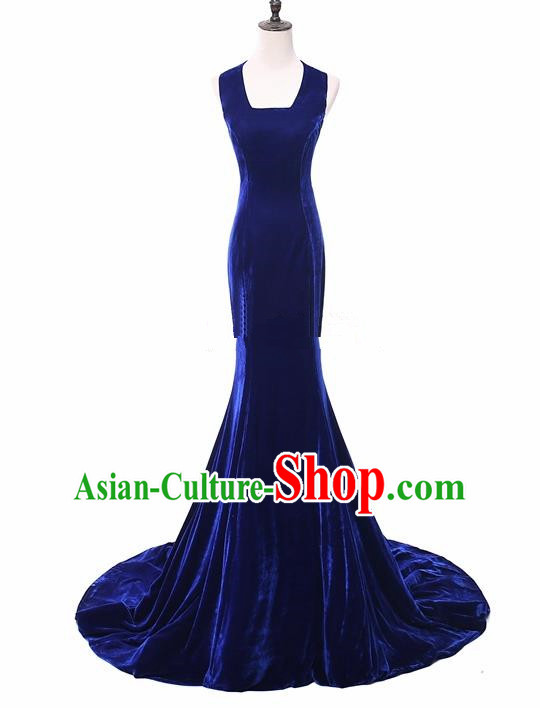 Top Grade Catwalks Compere Royalblue Velvet Full Dress Modern Dance Party Costume for Women