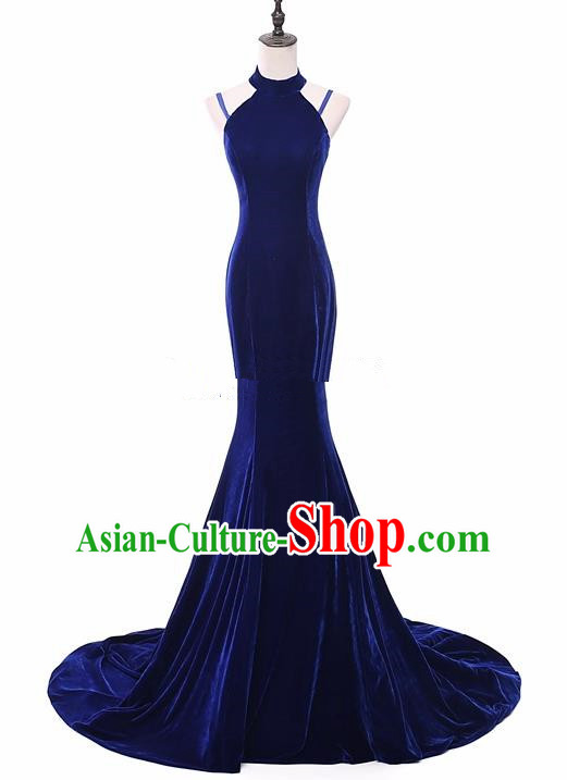 Top Grade Catwalks Chorus Compere Royalblue Velvet Trailing Full Dress Modern Dance Party Costume for Women