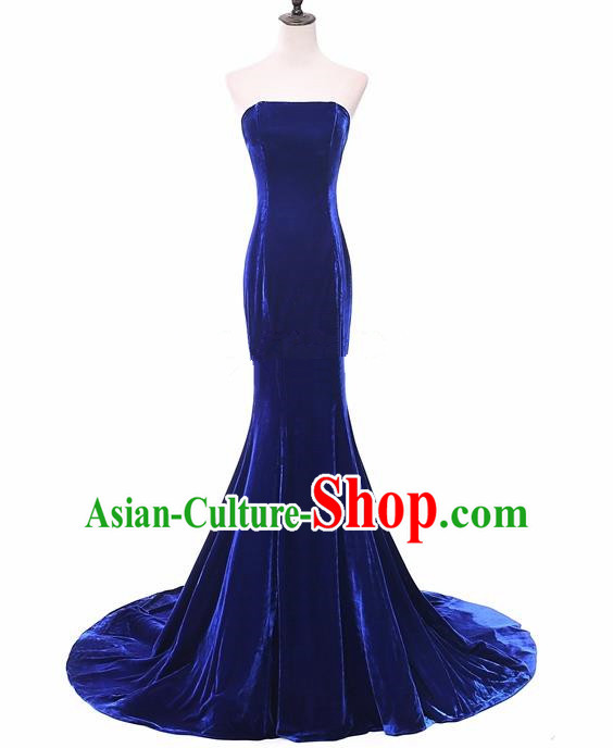 Top Grade Catwalks Chorus Compere Royalblue Velvet Strapless Full Dress Modern Dance Party Costume for Women