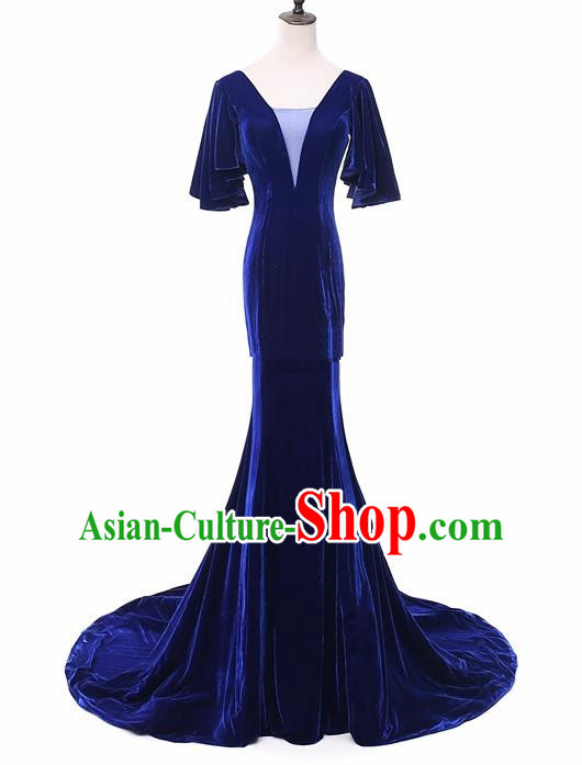 Top Grade Catwalks Chorus Compere Royalblue Velvet Full Dress Modern Dance Party Costume for Women