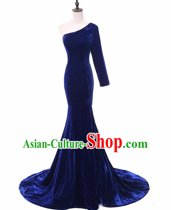 Top Grade Catwalks Chorus Compere Royalblue Velvet Single Shoulder Full Dress Modern Dance Party Costume for Women