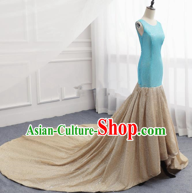 Top Grade Catwalks Chorus Compere Golden Trailing Full Dress Modern Dance Party Costume for Women