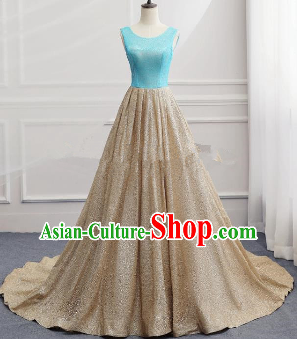 Top Grade Catwalks Compere Trailing Full Dress Chorus Modern Dance Party Golden Costume for Women