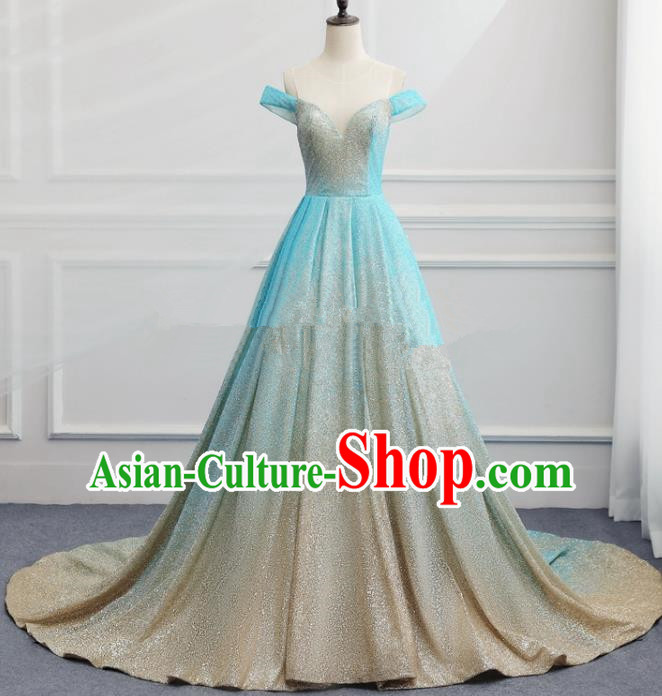 Top Grade Catwalks Compere Trailing Blue Full Dress Chorus Modern Dance Party Costume for Women