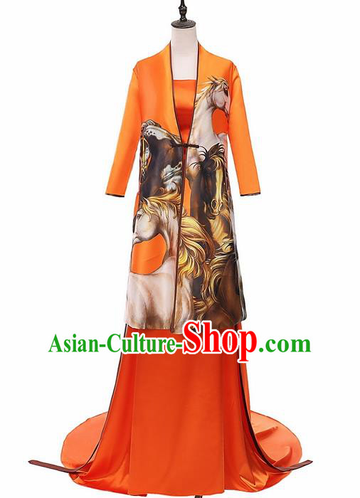 Chinese National Catwalks Printing Horse Silk Cheongsam Traditional Costume Tang Suit Qipao Dress for Women