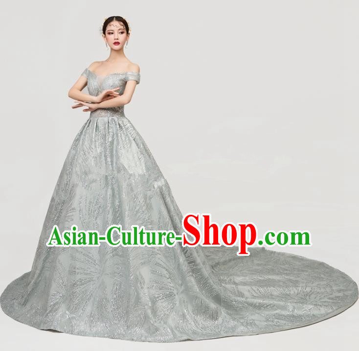 Top Grade Catwalks Compere Grey Veil Trailing Full Dress Chorus Modern Dance Party Costume for Women